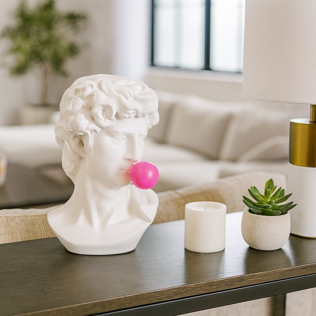 Sculptural Resin Greek God Head Statue with Gum - 13", White & Pink - 12.5"