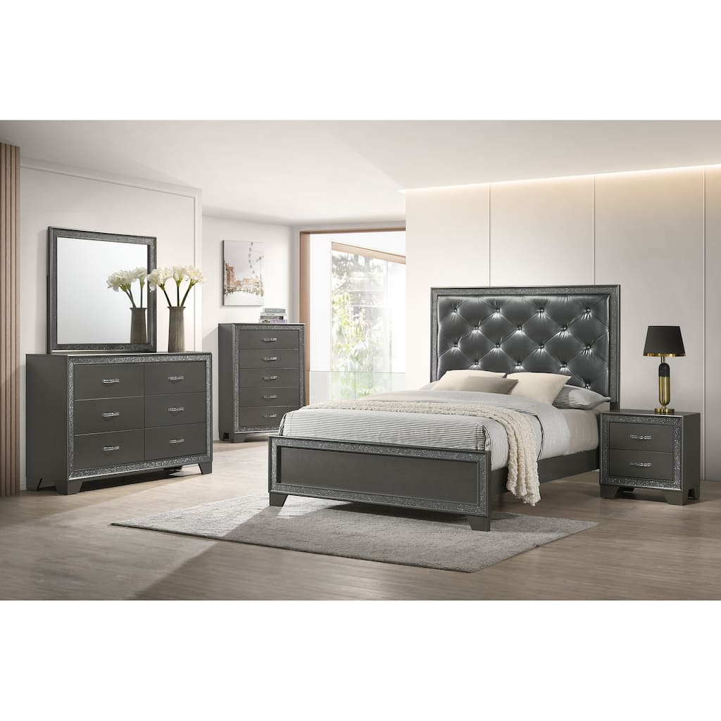 Hoyt 5 Piece Dark Gray Faux Leather Upholstered Tufted Panel Bedroom Set