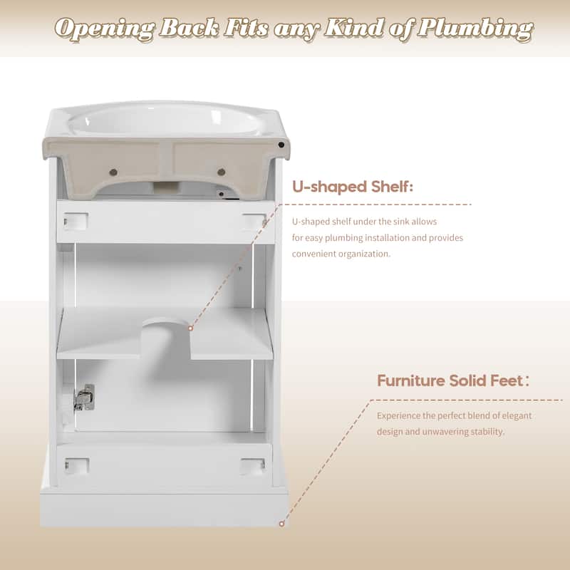 20" Bathroom Vanity with Bulged Ceramic Sink, French Style Freestanding Single Vanity with Soft-Close Door