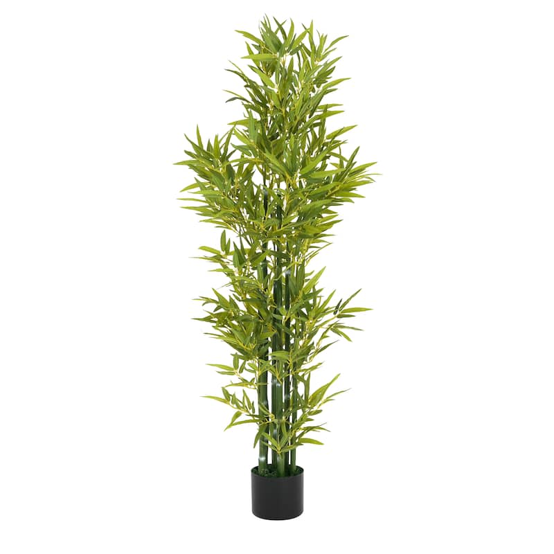 Roomfitters 5 Ft Artificial Bamboo Tree Set of 2, Tall Faux Indoor Plants with Black Plastic Pots for Home Decor, Green