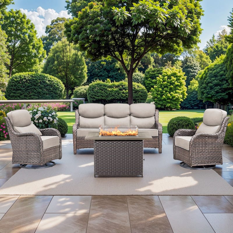 Pocassy Outdoor 6 Inch Sofa Chair Ottoman with Fire Pit Table Set - Brown Wicker Beige Cushion - 4 Pieces Sofa Chair with Fire Table
