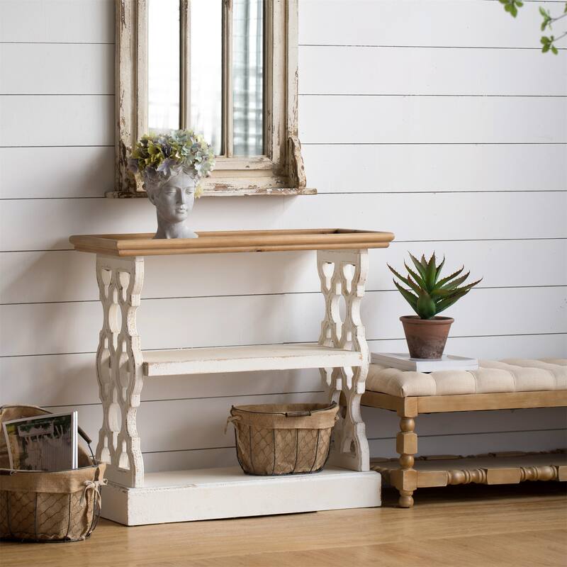 Distressed Wood Console Table with Shelf and Tray Top - Antique White
