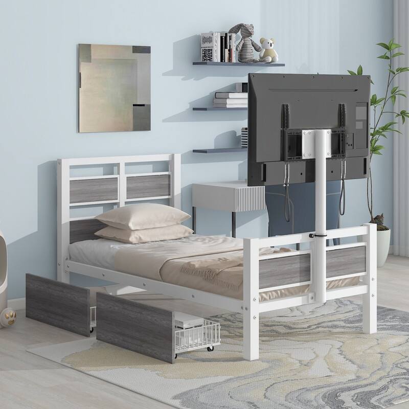 Metal Twin Size Platform Bed with 2 Drawers and Rotatable TV Stand
