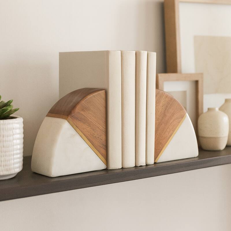 Decorative Wood and Marble Bookends - 5", White & Brown - 4.5"