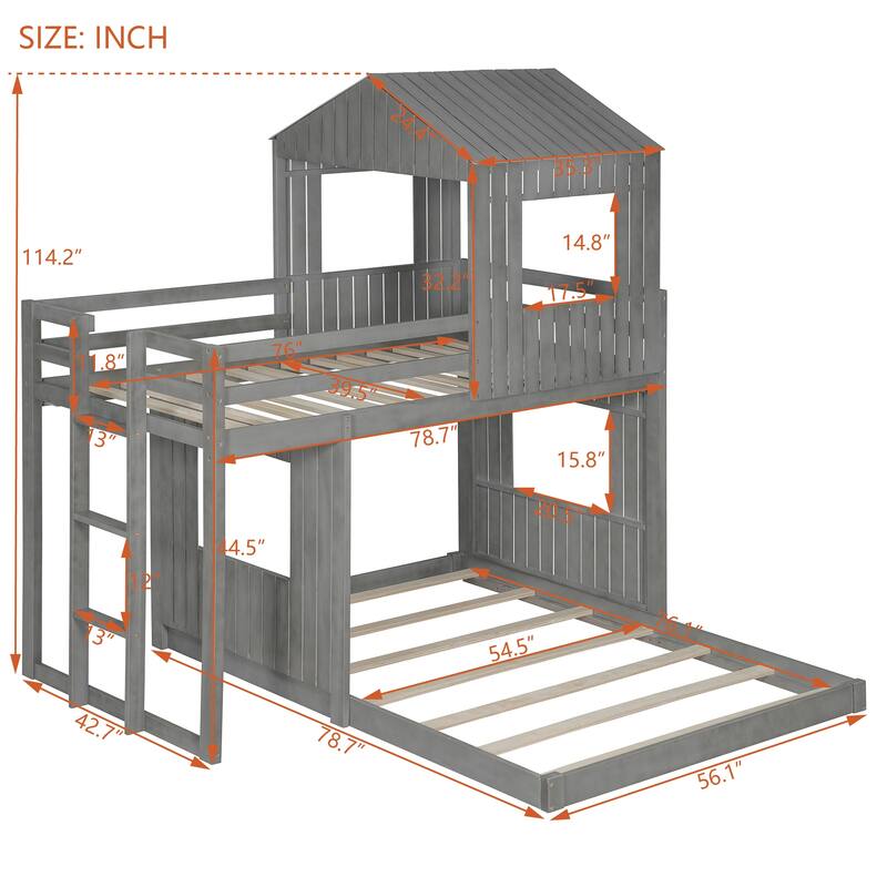 Wooden Twin Over Full Bunk Bed with Playhouse Design, Loft Bed with Ladder and Guardrails, Farmhouse Style
