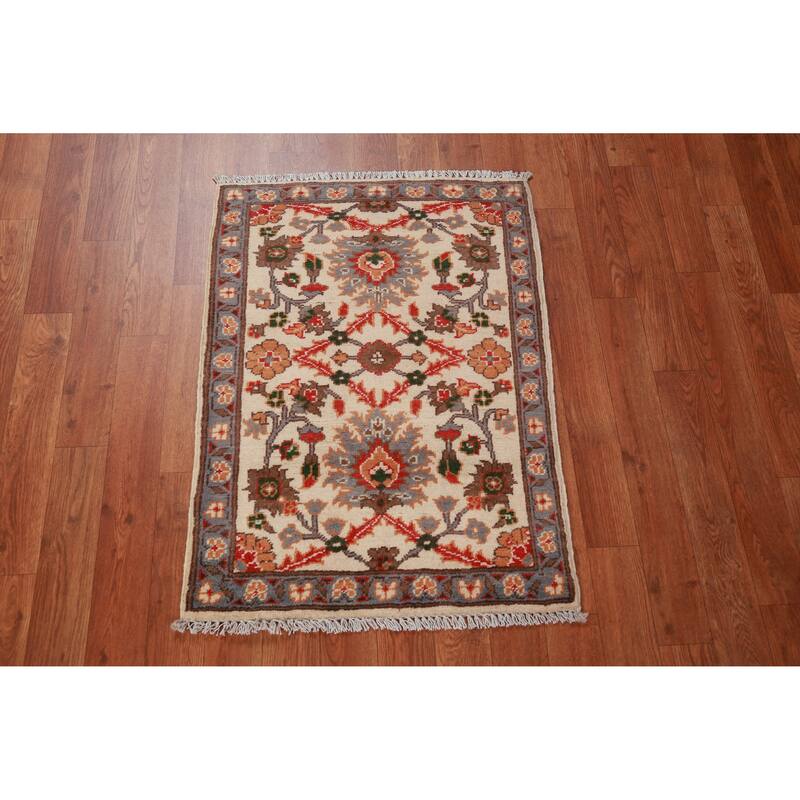 Ivory Floral Kazak Oriental Accent Foyer Rug Handmade Wool Carpet - 2'0"x 3'0"