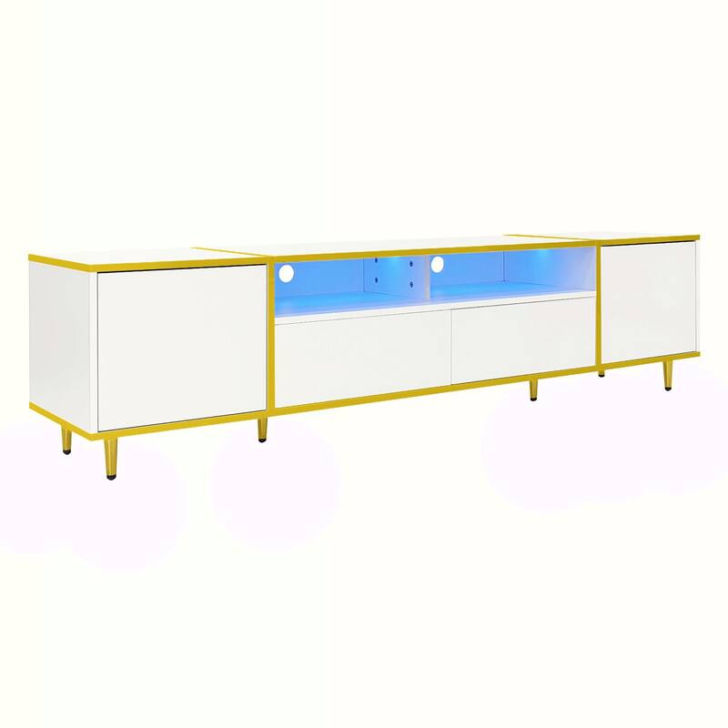70.9'' Modern Entertainment Center, LED Lights, 2 Shelves, 2 Drawers & Metal Legs