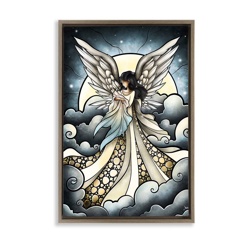 Stupell Classic Angel & Baby in Clouds Framed Floater Canvas Wall Art Design By Mandie Manzano - 17 x 25 - Brown