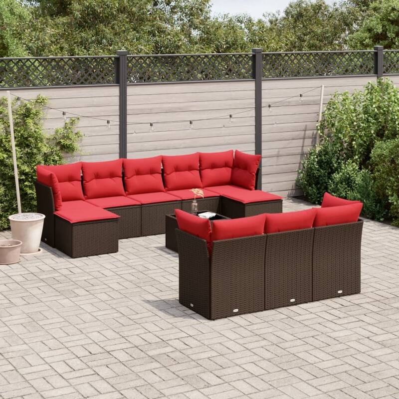 vidaXL 10/11 Piece Patio Sofa Set with Cushions Black/Brown/Gray Poly Rattan - 21.7 x 24.4 x 27.2