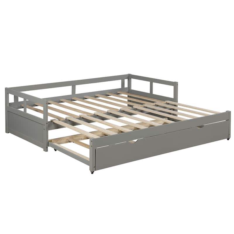Extendable Twin Daybed with Pull-Out Trundle, Gray Wooden Frame, Space-Saving Design