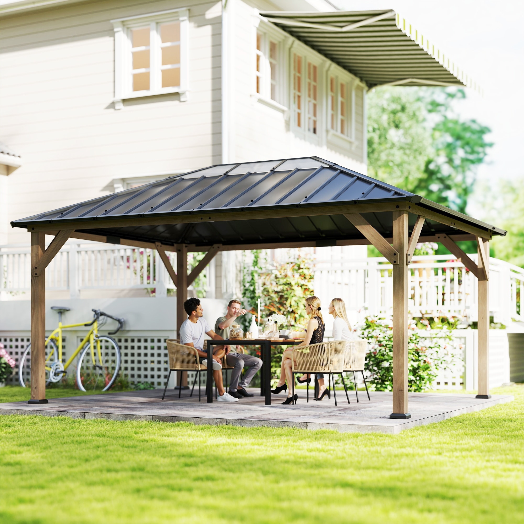 Outsunny 12' x 16' Hardtop Gazebo with Galvanized Steel Roof, Wood Permanent Pavilion Canopy Shelter with Roof Top,Light Walnut