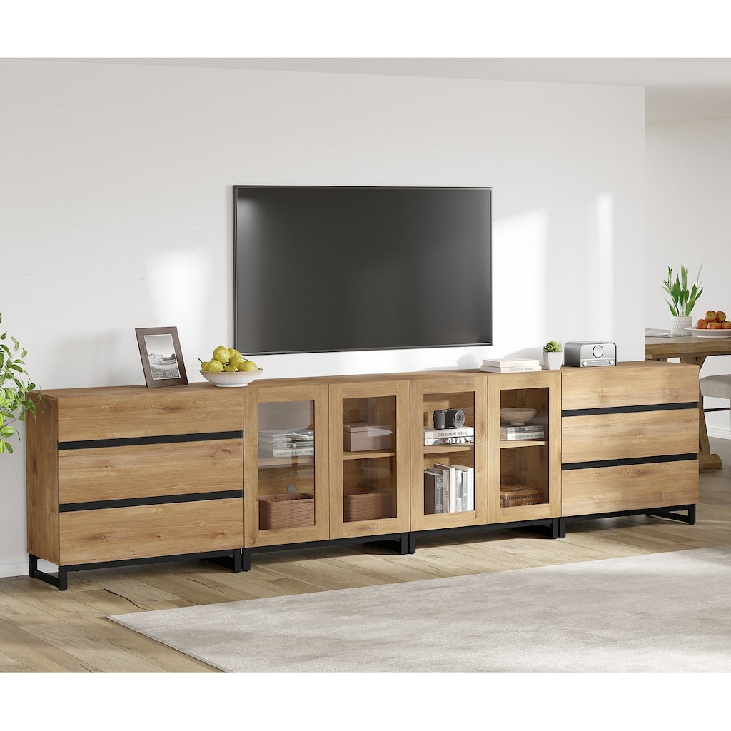 4-in-1 TV Stand for 120" TVs, TV Console with Glass Doors & 6 Drawers