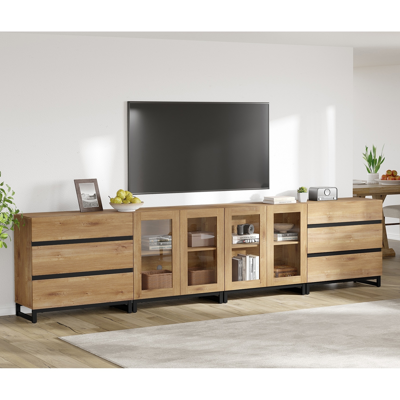 4-in-1 TV Stand for 120" TVs, TV Console with Glass Doors & 6 Drawers