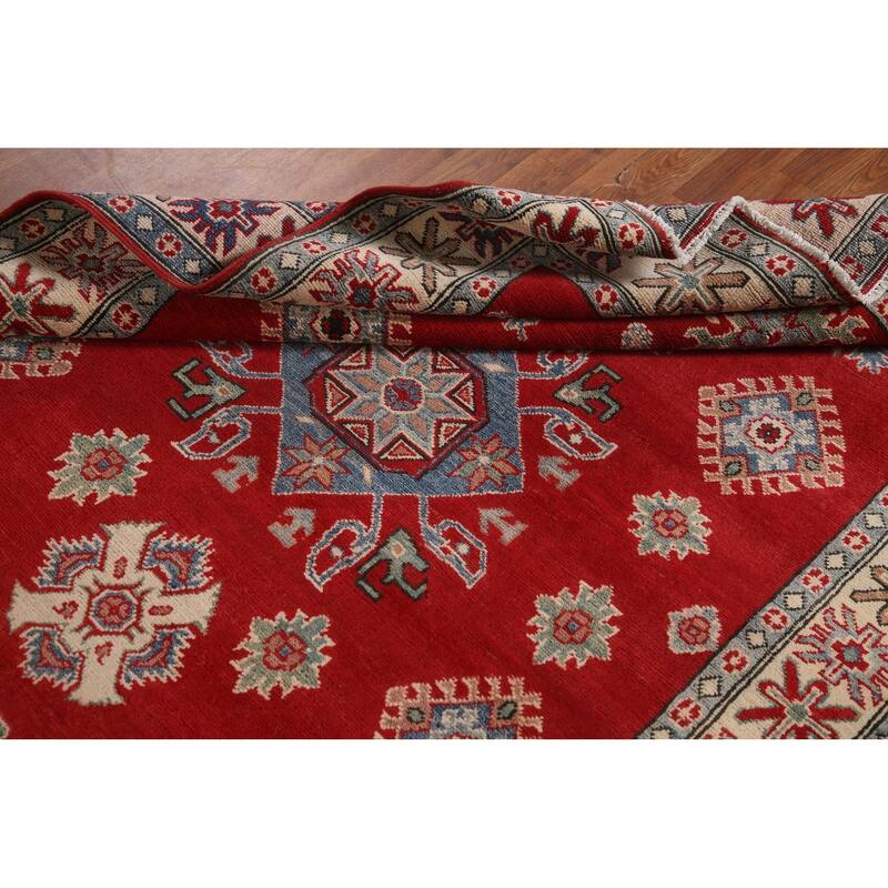 Red Geometric Kazak Area Rug Handmade Bedroom Wool Carpet - 5'0" x 6'9"