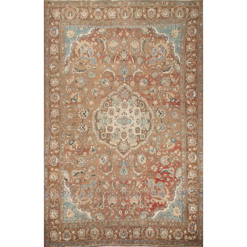 Hand Knotted Oriental 100% Wool Carpet Traditional Floral Brown Mashad Area Rug - 12' 1'' X 8' 10''
