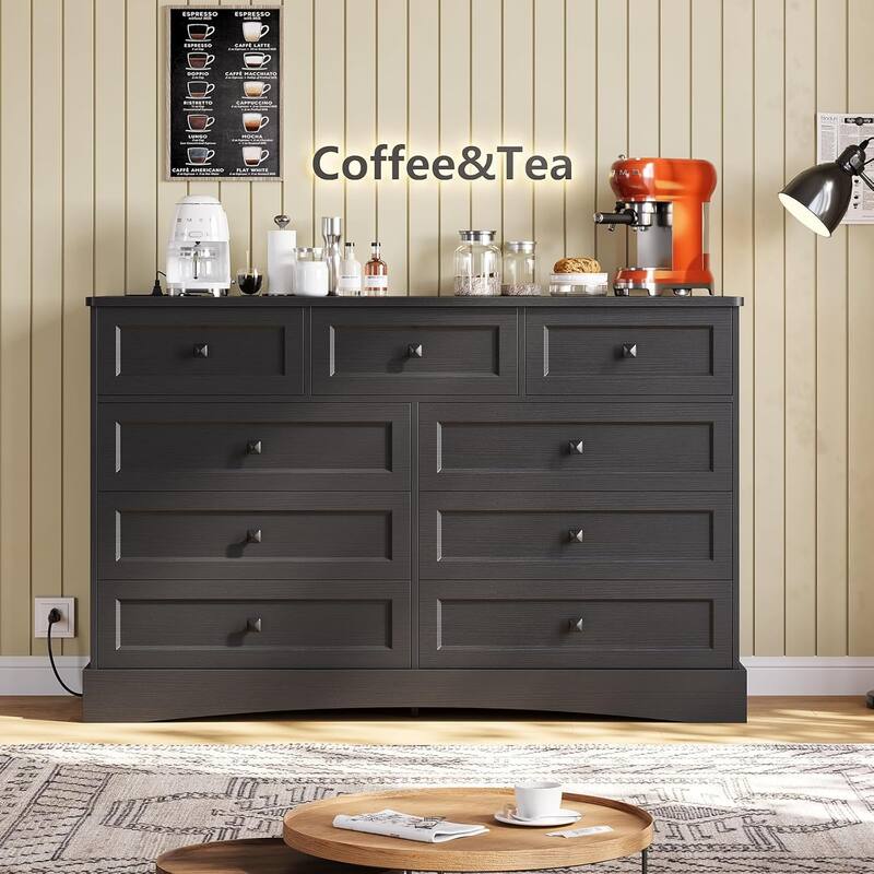 Bedroom Dresser Charging Station Storage Drawers Chest of Drawers - Black - 9-drawer