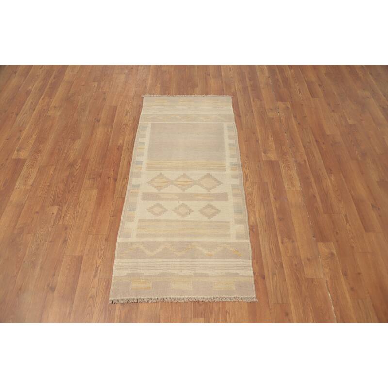 Hand Woven Oriental 100% Wool Carpet Southwestern Tribal Beige & Ivories Kilim Area Rug - 4' 2'' X 1' 10''