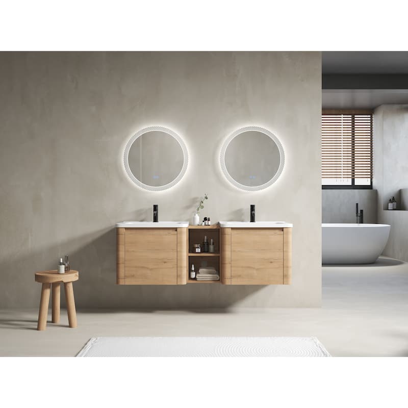 Wall-Mounted Bathroom Vanity with Ceramic Sink and Storage Shelves
