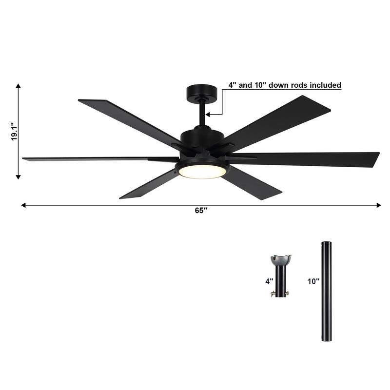 65" Black Modern Large Ceiling Fan with LED Light and Remote