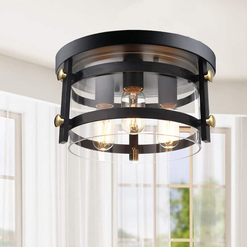 Teresa Metal and Clear Glass 13" W 3-light Black Flush Mount