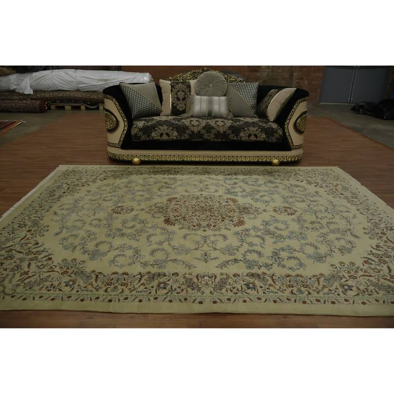 Hand Knotted Oriental 100% Wool Carpet Traditional Floral Beige & Ivories Kashan Area Rug - 10' 10'' X 8' 2''