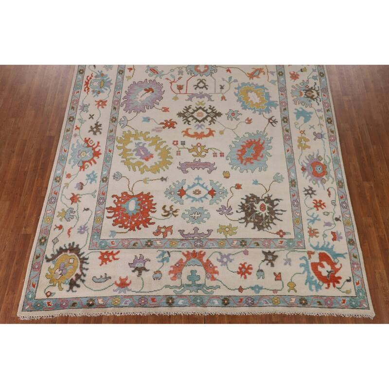 Beige Transitional Floral Oushak Area Rug Hand-Knotted Wool Carpet - 8'9" x 12'0"