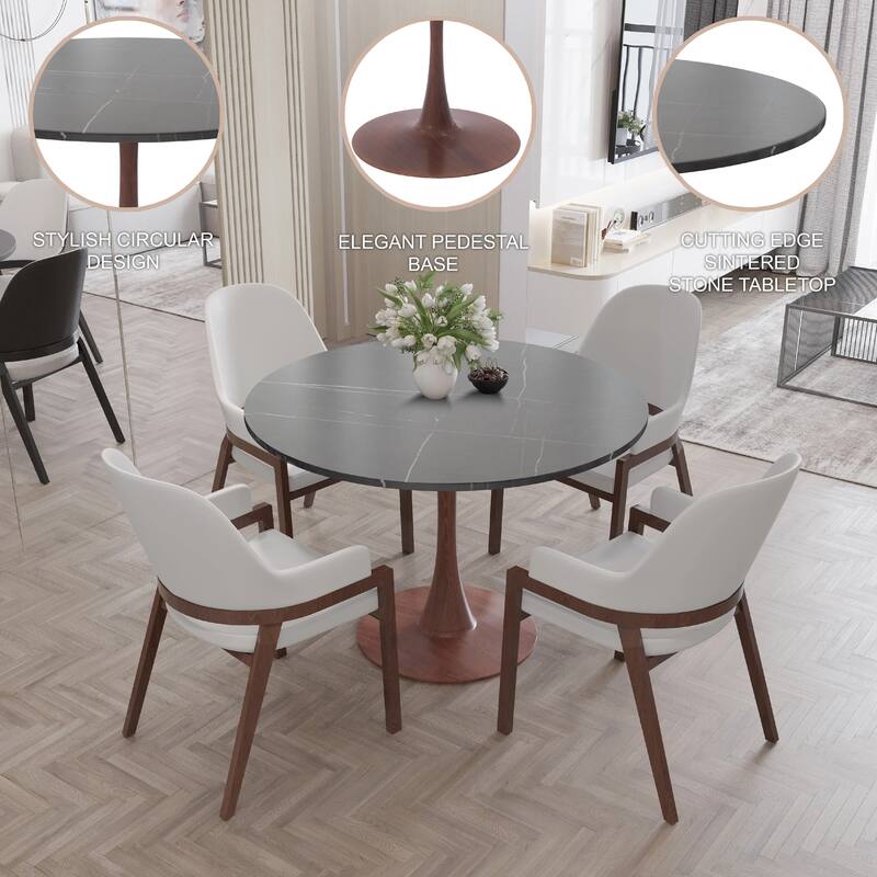 Bristol 31" Round Dining Table with Sintered Stone Top and Cherry Steel Pedestal Base for Modern Kitchen and Dining Room