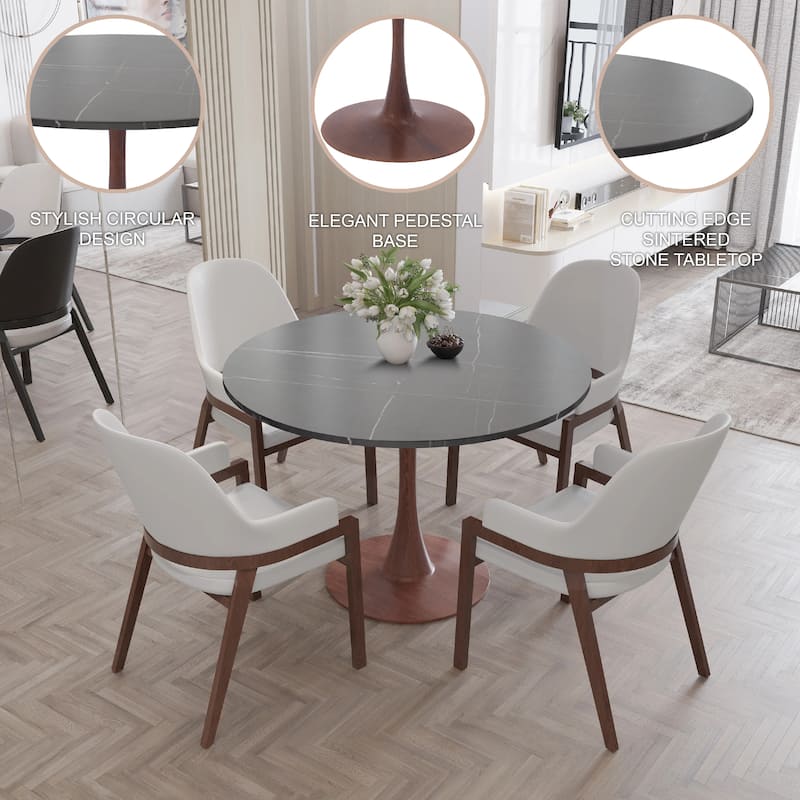 Bristol 31" Round Dining Table with Sintered Stone Top and Walnut Steel Pedestal Base for Modern Kitchen and Dining Room