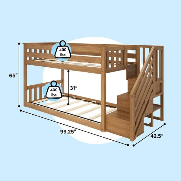 dimension image slide 3 of 5, Max & Lily Twin over Twin Low Bunk Bed with Staircase