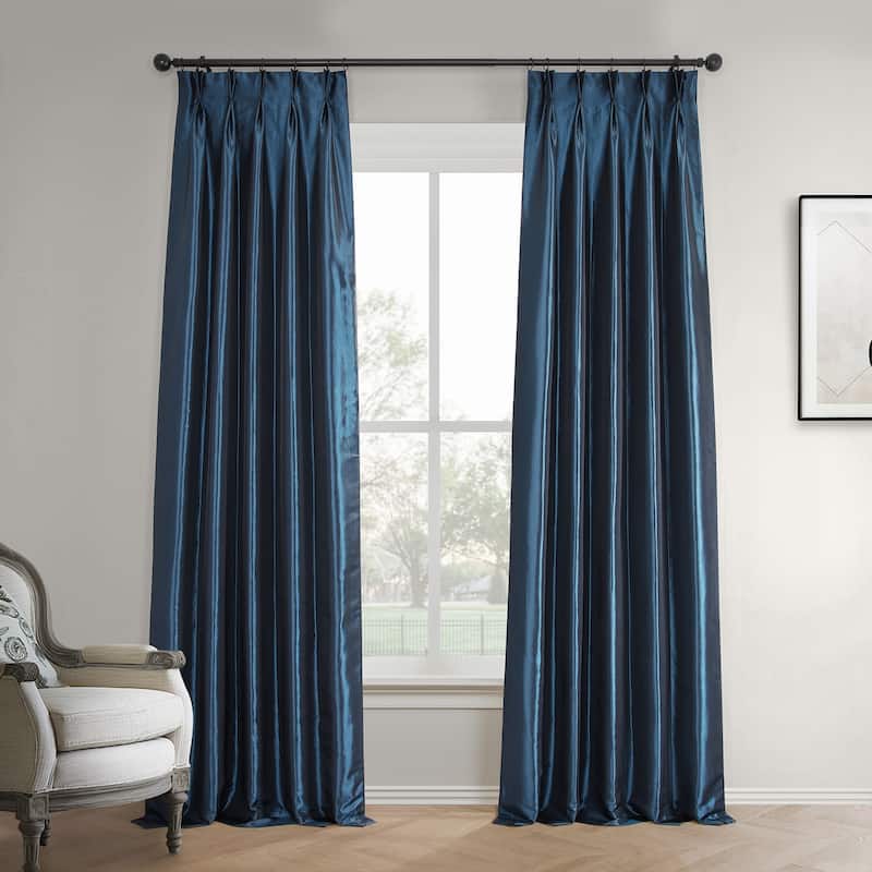 Exclusive Fabrics Faux Silk Taffeta French Pleated Blackout Curtains for Bedroom & Living Room Curtains Single Panel - 25 X 96 - Navy Blue