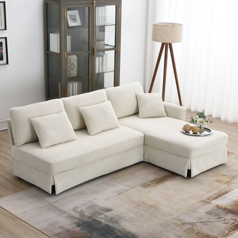 Oaks Aura Modern L-shaped Corduroy Sofa with Reversible Chaise, Upholstered Sectional Convertible Sleeper Couch with Pillows - Beige