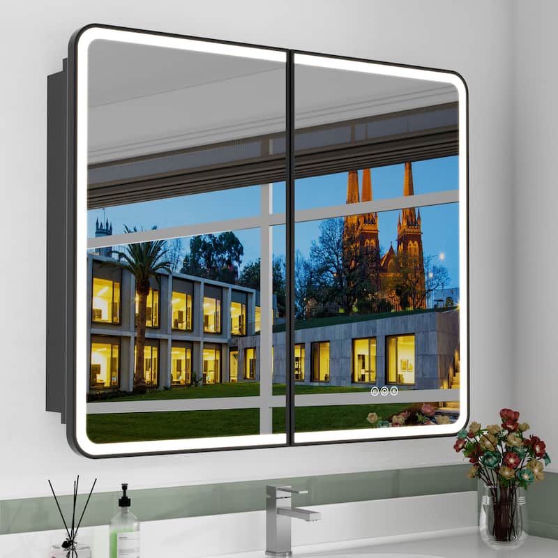 Milo LED Iron Medicine Cabinet with Mirror, Dimmable, Anti-fog, Adjustable Glass Shelves, Recessed or Surface Mount - 36"W x 30"H - Black