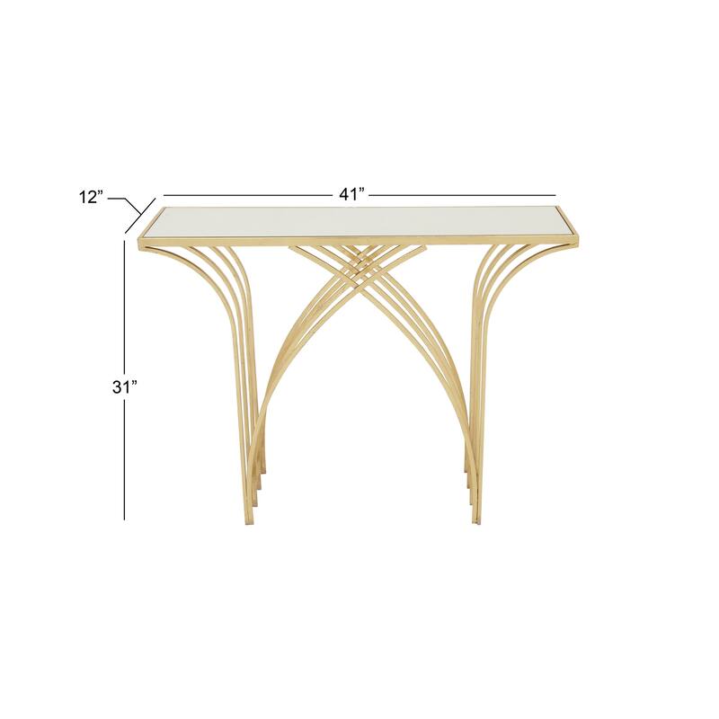 Gold Metal Geometric Console Table with Mirrored Glass Top