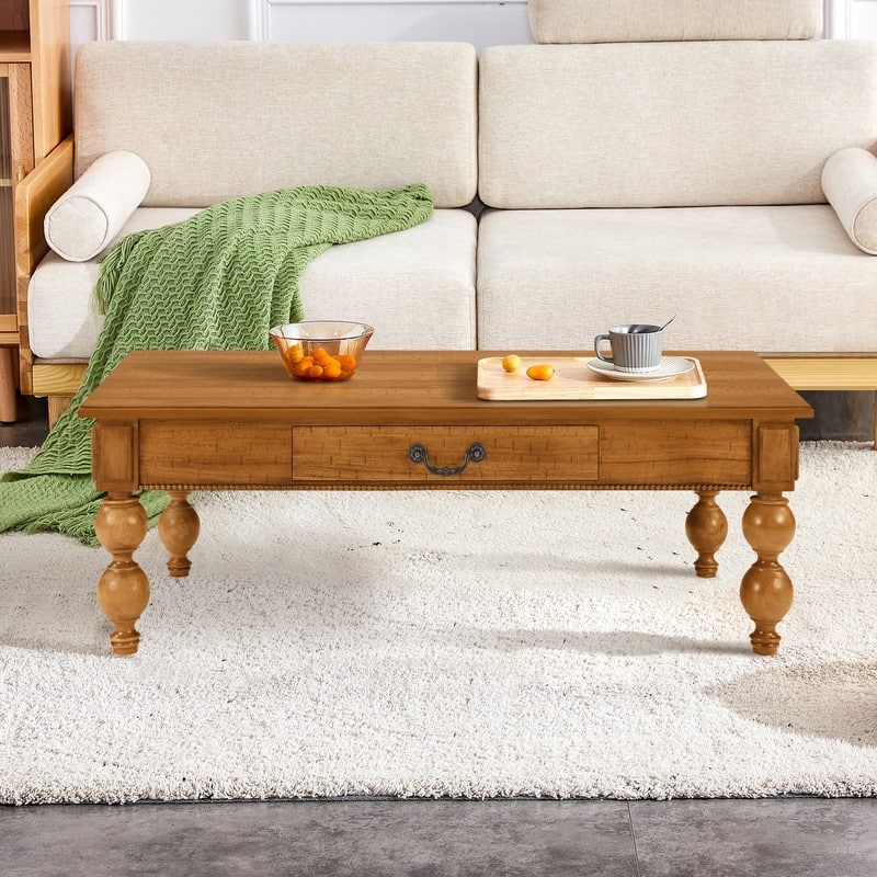Rectangular 47" Wooden Coffee Table with Storage Drawer, Vintage Cocktail Table with Solid Wood Legs for Living Room Elegance - Natural