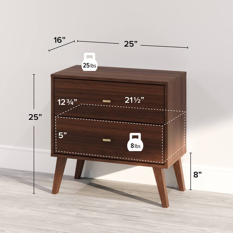 Prepac Milo Mid-Century Modern 2 Drawer Nightstand, Bedside Table, Contemporary Bedroom Furniture