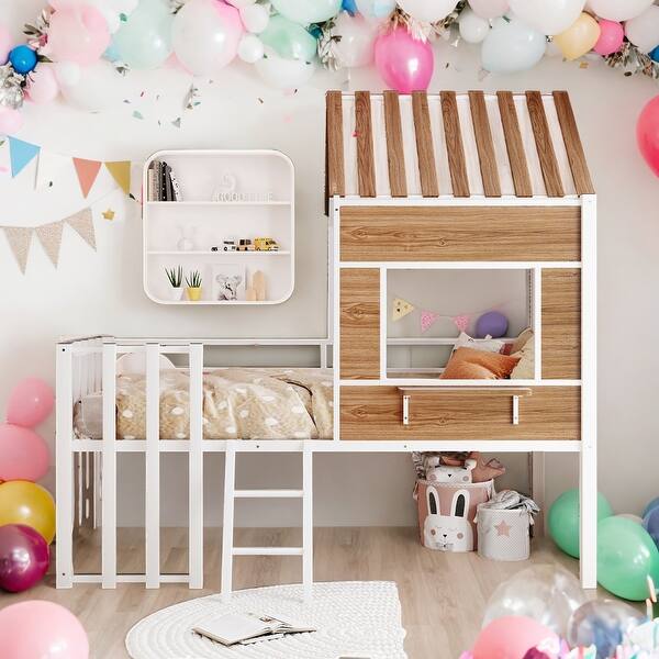 slide 2 of 9, Modern Twin Size Metal Loft Bed With Roof,Window,Guardrail And Ladder for Bedroom White