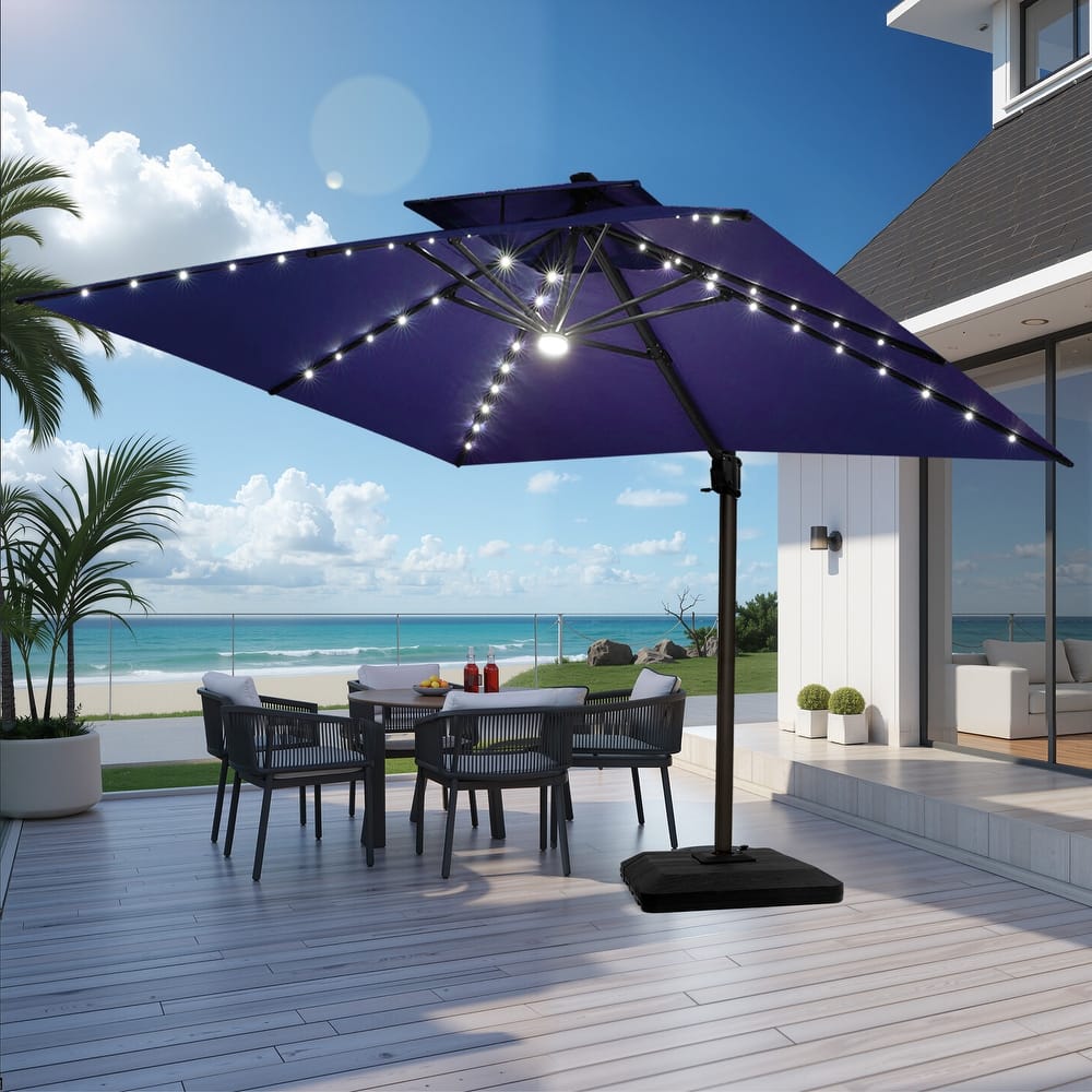 VredHom 9 x 11ft Outdoor Aluminum Dual Top Cantilever Patio Umbrella LED Light with Weights Base