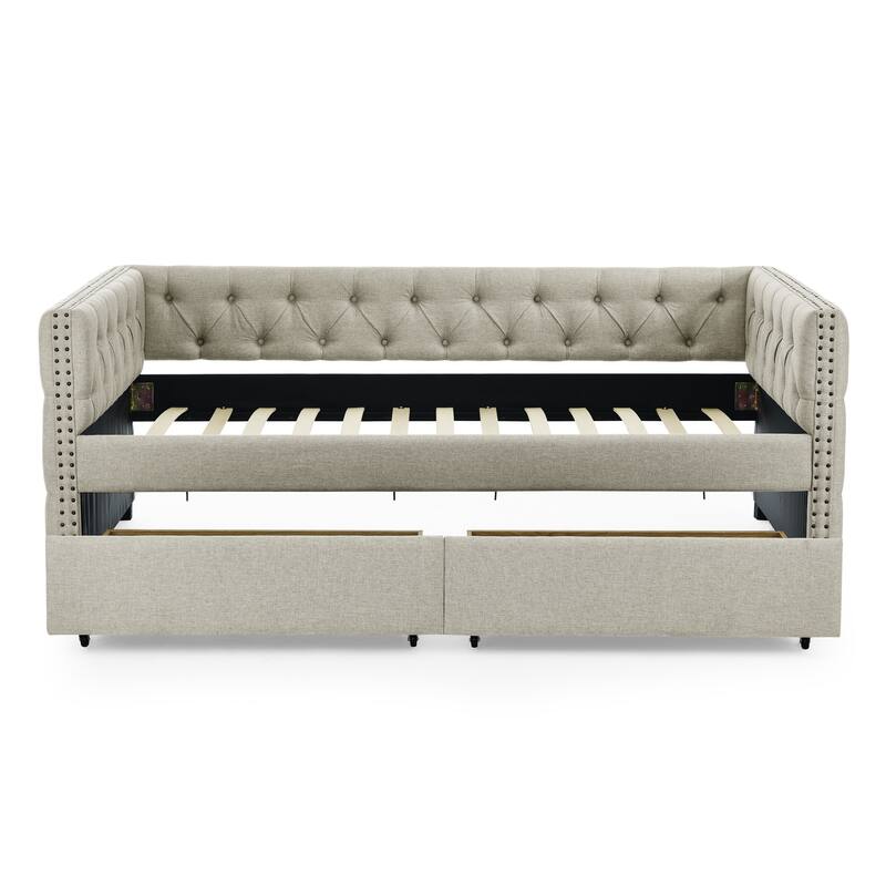 Tufted Daybed Upholstered Frame Sofa Bed with Button Copper Nail on Square Arms, and Pull-out Trundle Bed or Storage Drawers