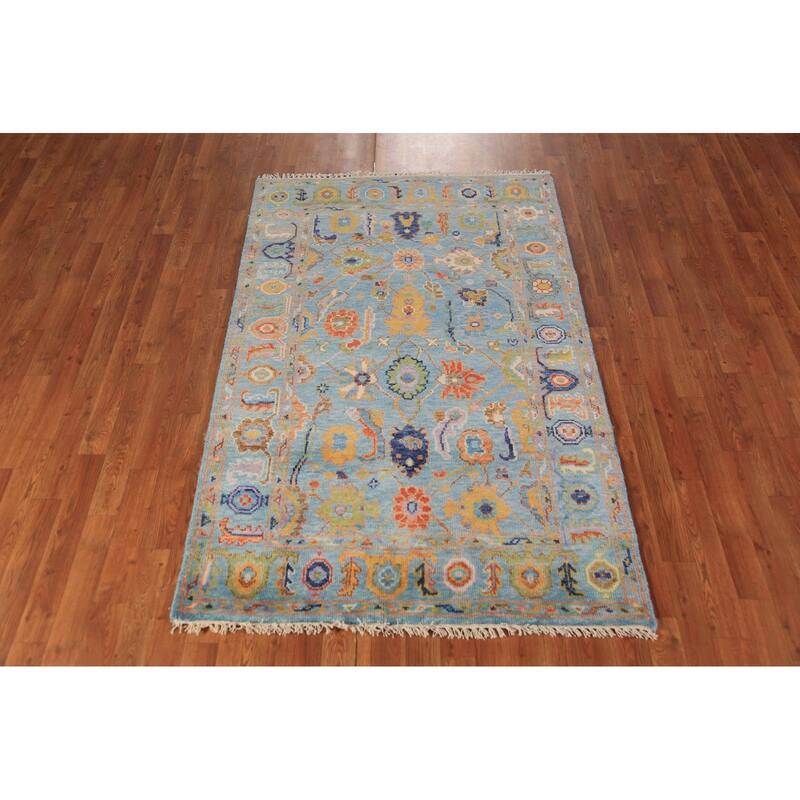Blue Floral Oushak Oriental Rug Hand-Knotted Wool Carpet - 3'11"x 6'1"