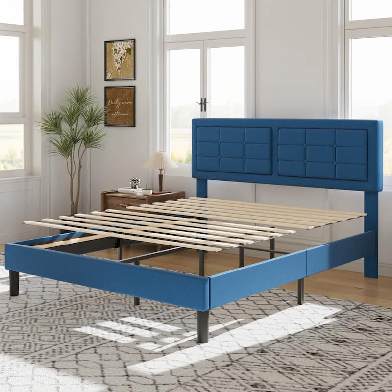 VECELO Bed Frame with Adjustable Headboard Upholstered Button Tufted Platform Bedframe with Wood Slats Support