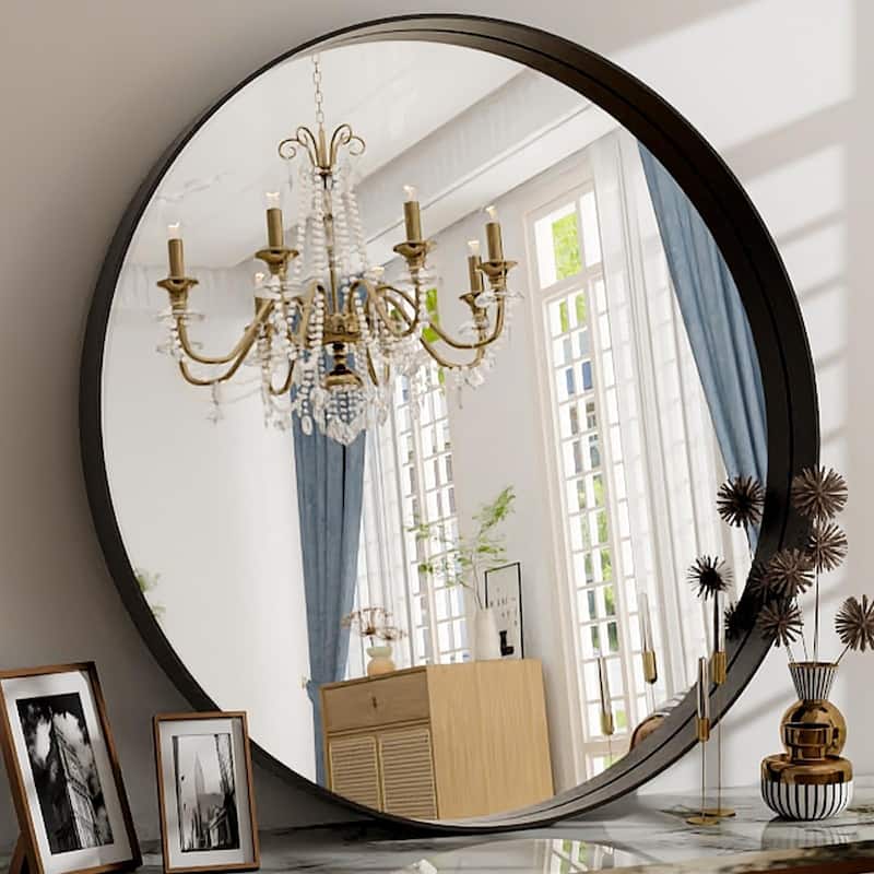 24 Inch Round Bathroom Mirror - Wall Mounted Circle Mirror with Metal Frame, Modern Mirror Suitable for Bathroom, Vanity - Black - Black