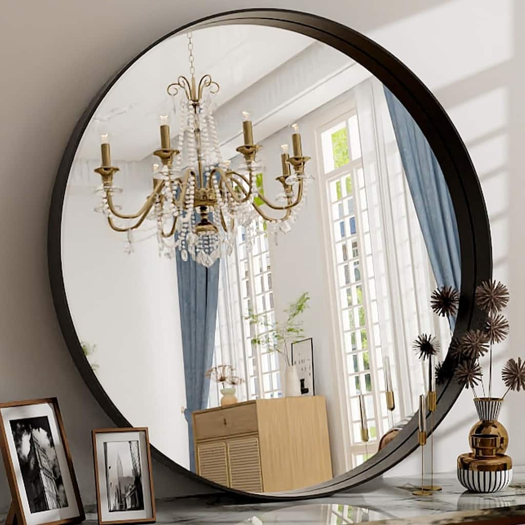 24 Inch Round Bathroom Mirror - Wall Mounted Circle Mirror with Metal Frame, Modern Mirror Suitable for Bathroom, Vanity - Black