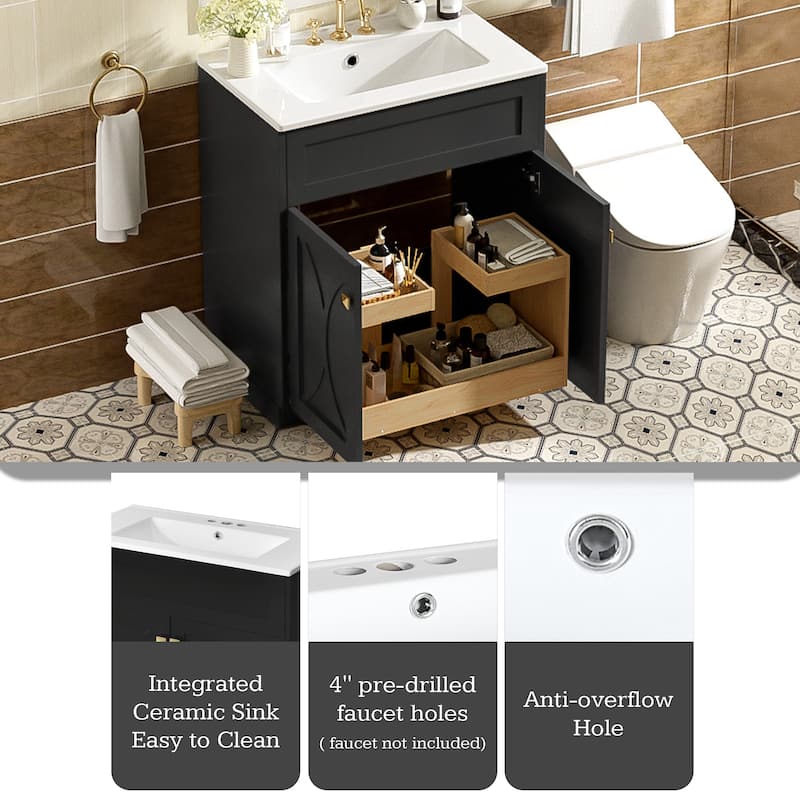 Modern Bathroom Vanity Floor Cabinet with Pull-out Rack, Soft Closing Textured Doors and Exquisite Gold Square Metal Handles