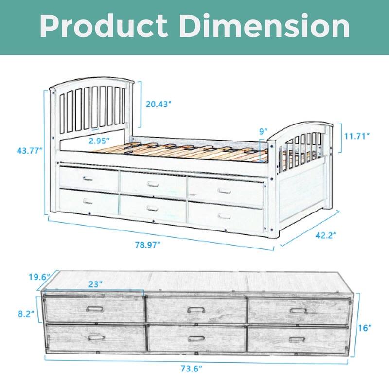 Drawers storage bed Gray twin bed Solid Wood bed platform