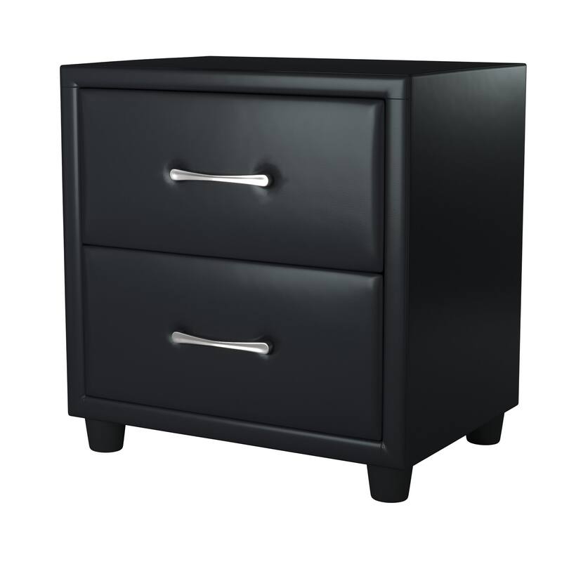 Contemporary Black Faux Leather Nightstand, Drawers, Silver Tone Bar Pulls
