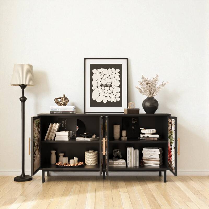 60" Art Glass 4-Door Sideboard Cabinet with Metal Frame, Retro Buffet Storage Console for Dining or Entryway.