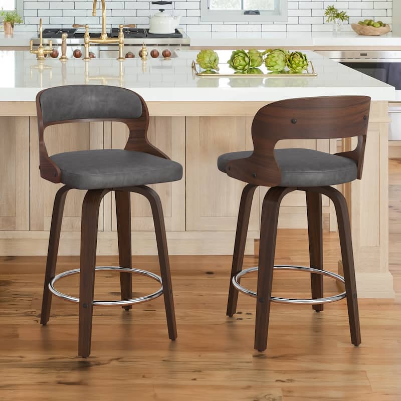 26.in Modern Set of 2 Leather Bar Stool Swivel Upholstered Hollow Back Counter Height Barstool with Wood Frame - Grey