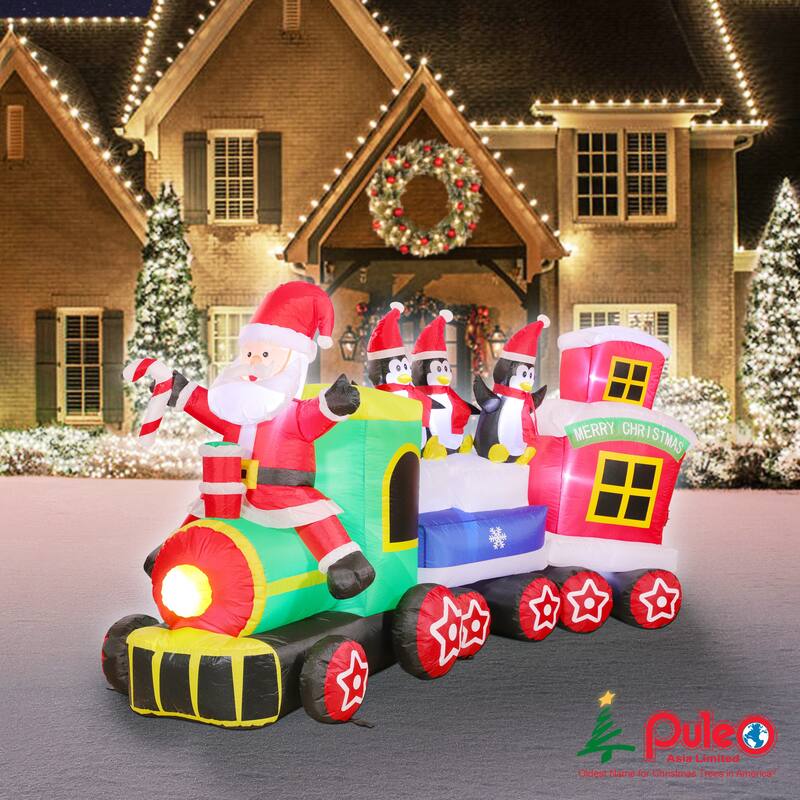 Puleo International 7 ft. Lighted Blow-Up Inflatable Santa Train with Penguins - 7 Foot - Red