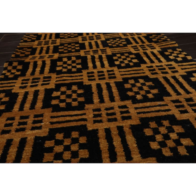 Tibetan Art Deco Authentic Swiss Wash 2'7''x9'7'' Hand Knotted Wool Black Rug - 2' 7'' x 9' 7''