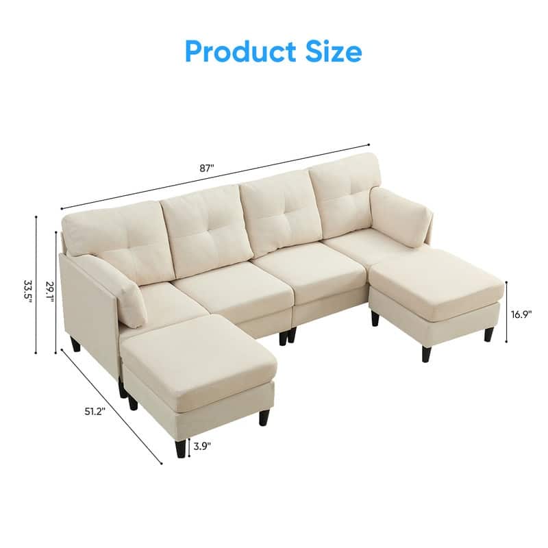 Mixoy W87"U-Shaped Sectional Couches,Velvet 4-Seater Convertible Sofa With Movable Storage Ottomans